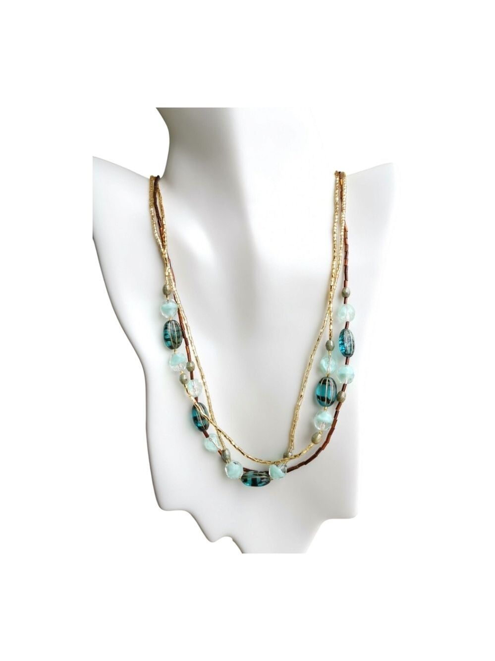 Vintage Czech Artisan glass bead necklace bronze aqua